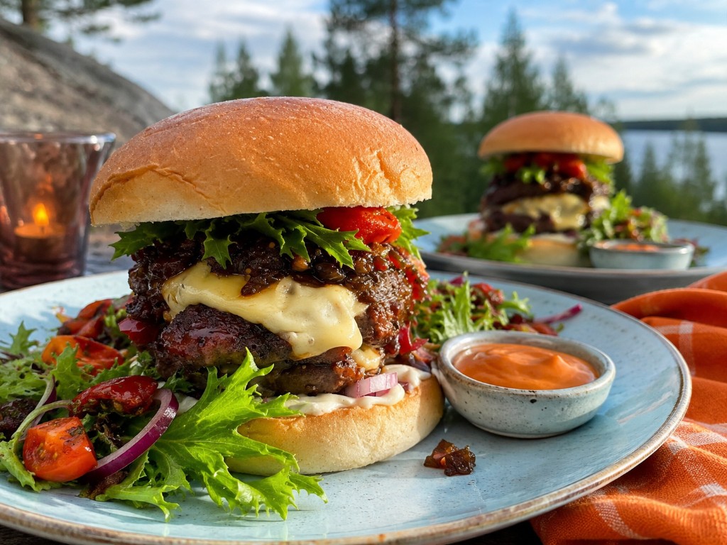 Burgare med tillbehör vid sjön