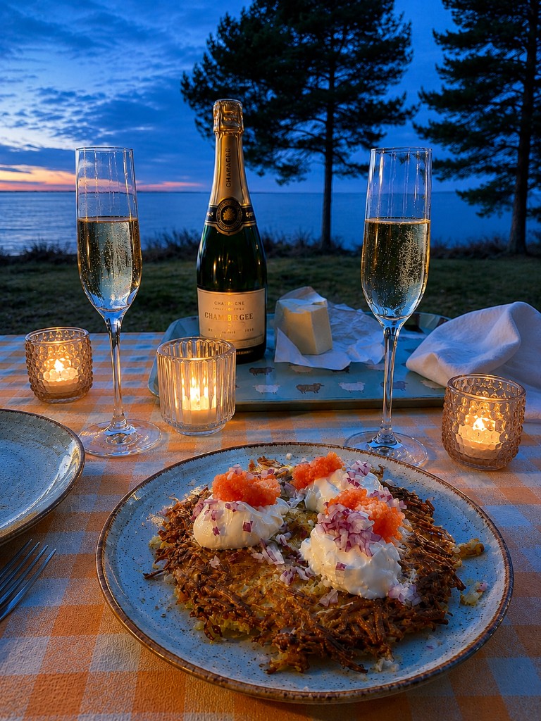 Råraka med löjrom och champagne vid skymningen