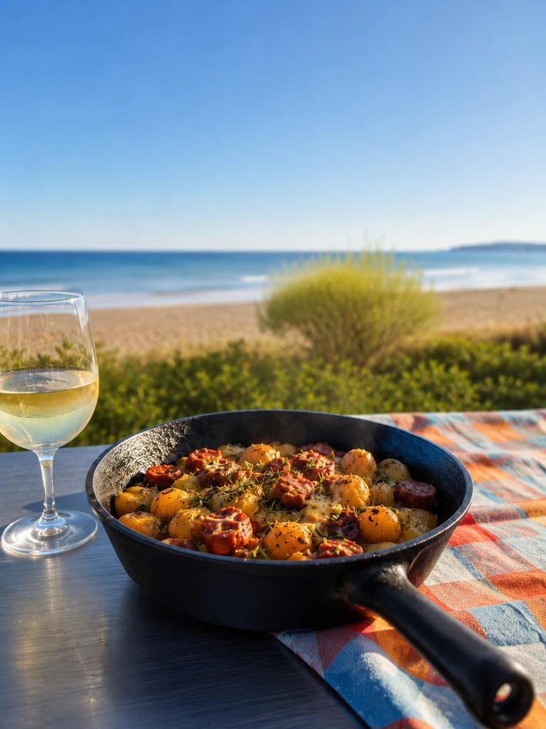 Gryta med potatis och korv vid havet
